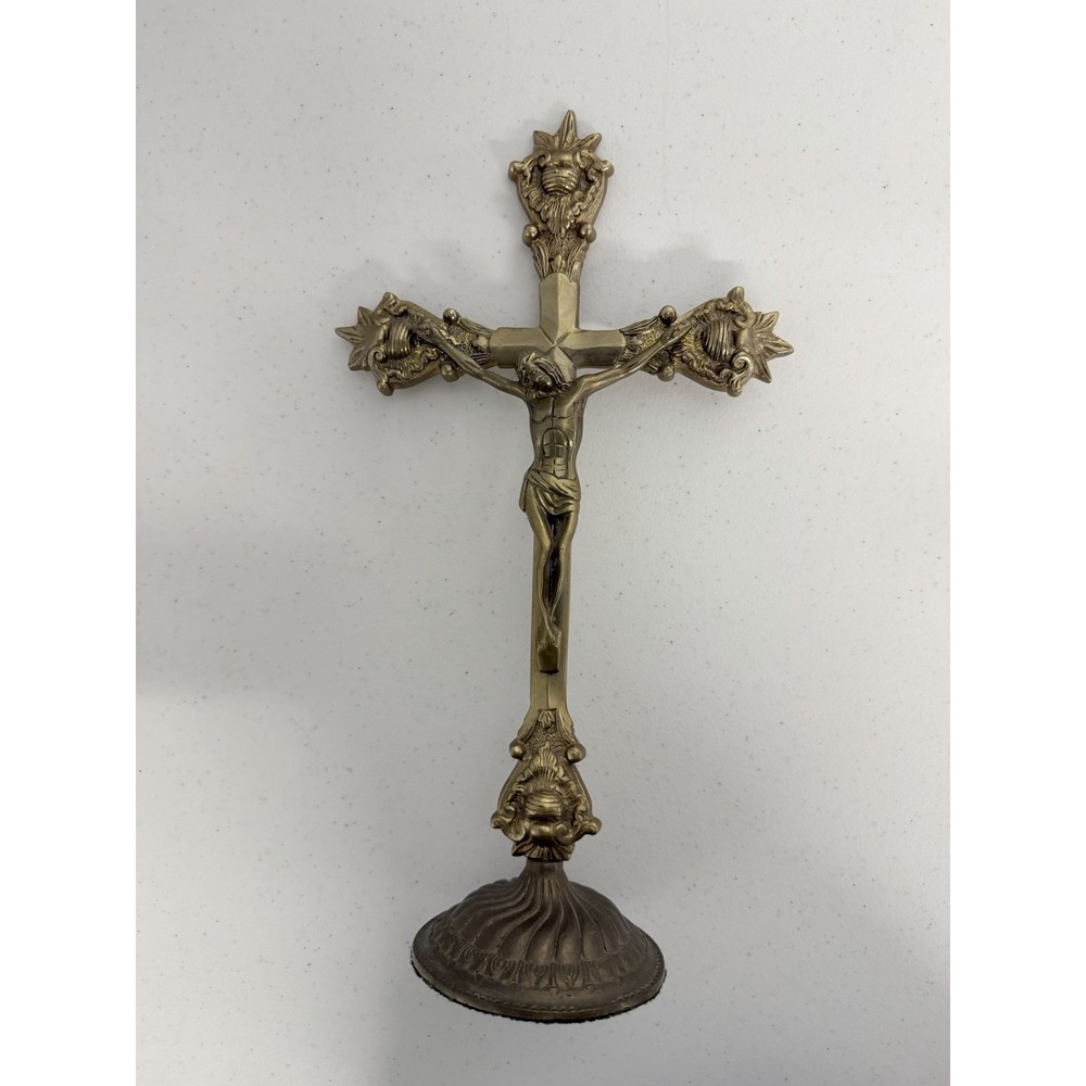 Vintage GATCO Solid Brass Standing Crucifix Altar Cross Religious Decor 14"